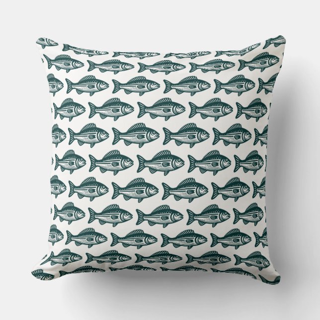 Fish Pattern - Dark Green on White Cushion (Front)