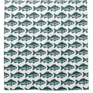 Fish Pattern - Dark Green on White Shower Curtain