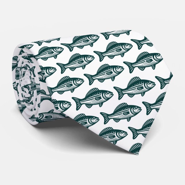 Fish Pattern - Dark Green on White Tie (Rolled)
