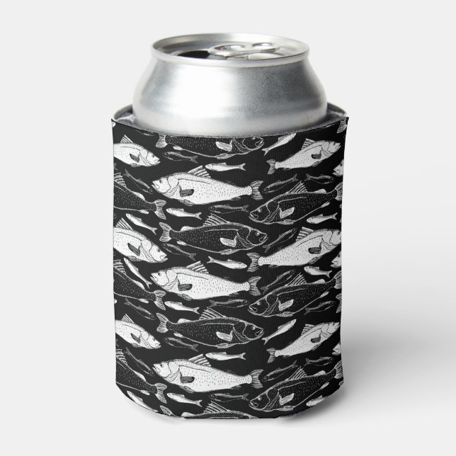Fish Pattern Fisher Gift Black Can Cooler (Can Front)
