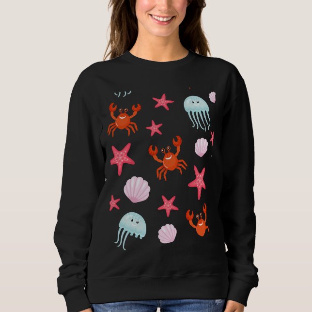 Fish Pattern Including Octopus Starfish Crab Snail Sweatshirt (Front)