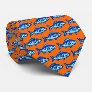 Fish Pattern - Navy Blue and Ice Blue on Orange Tie