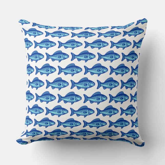 Fish Pattern - Navy Blue and Ice Blue on White Cushion (Front)