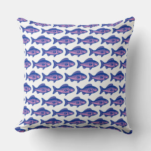 Fish Pattern - Navy Blue and Pink on White Cushion