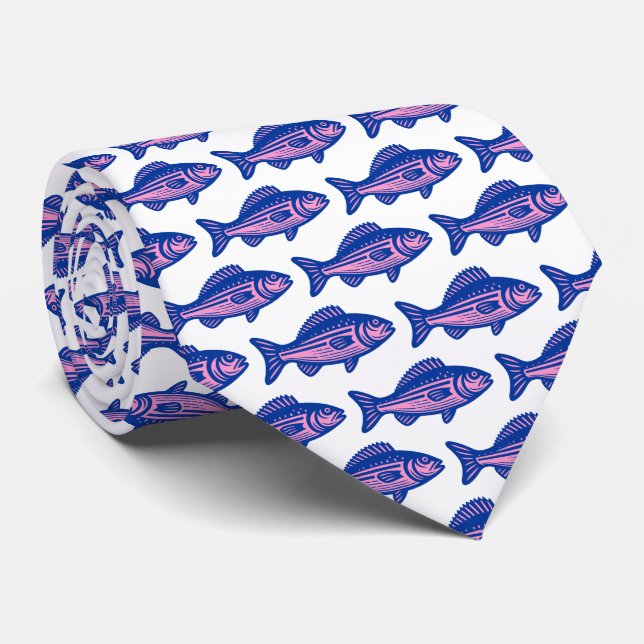 Fish Pattern - Navy Blue and Pink on White Tie (Rolled)