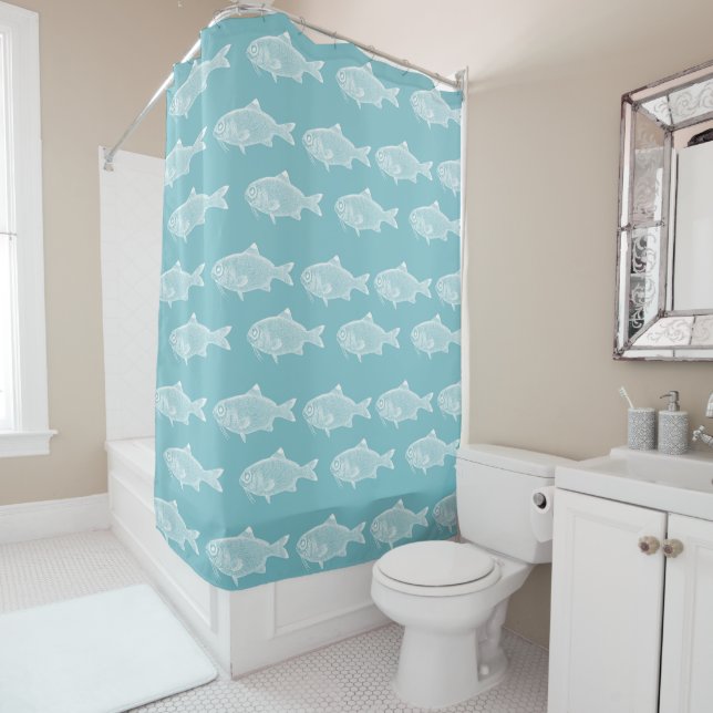 Fish Pattern on Milky Blue Background Shower Curtain (In Situ)
