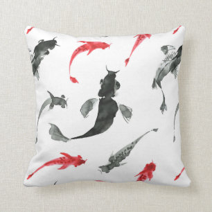 Fish pattern, Sumi-e Japanese ink painting Cushion