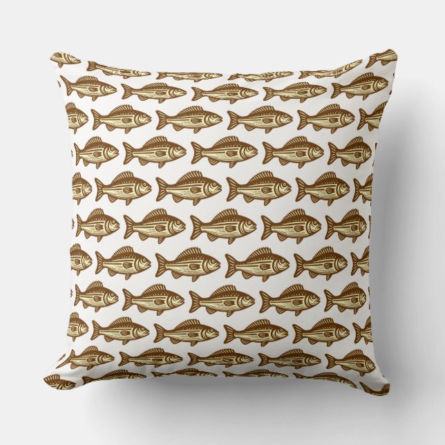 Fish Pattern - Walnut and Pale Yellow on White Cushion (Front)