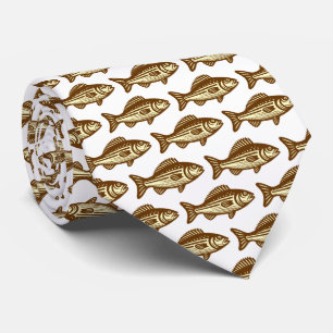 Fish Pattern - Walnut and Pale Yellow on White Tie
