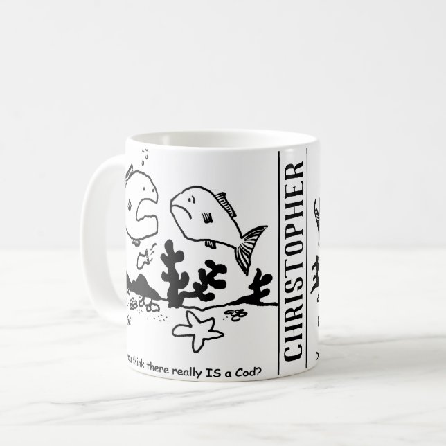Fish says, "Do you think there really is a cod?" Coffee Mug (Front Left)