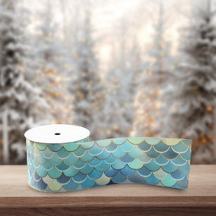 Fish Scale Pattern Blue Sky Background Golden Satin Ribbon