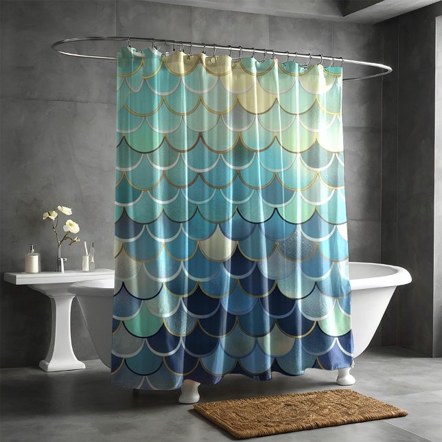 Fish Scale Pattern Blue Sky Background Golden Shower Curtain (Creator Uploaded)