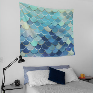 Fish Scale Pattern Blue Sky Background Golden Tapestry