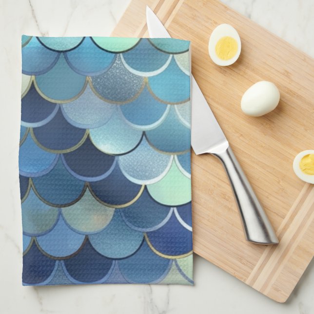 Fish Scale Pattern Blue Sky Background Golden Tea Towel (Quarter Fold)