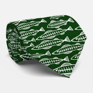 Fish School - White on Dark Green Tie
