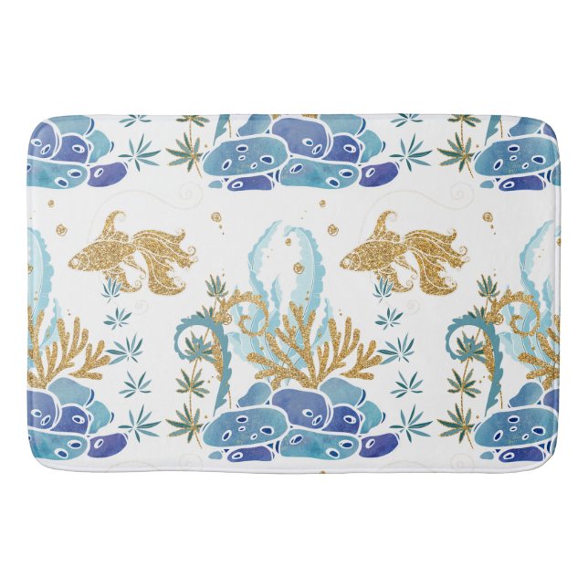 Fish Seaweed Glitter Blue Nautical Ocean Pattern Bath Mat (Front)