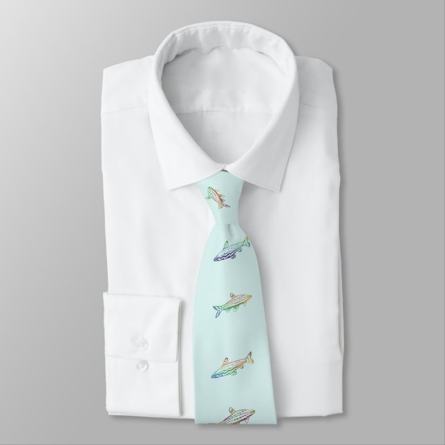 Fish Swimming Coloured Pattern Line Art 2 Necktie (Tied)