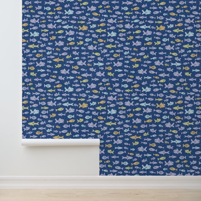 Fish Swimming Cute Nautical Pattern in Navy Blue Wallpaper (Application)