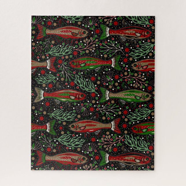 Fish Swimming Red and Green Christmas Brook Trout Jigsaw Puzzle (Vertical)