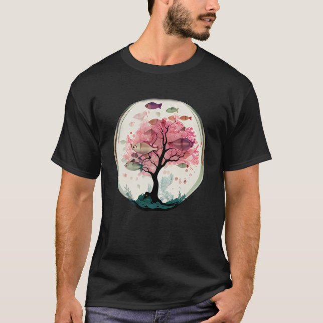 Fish swimming with Cherry blossom coral tree under T-Shirt (Front)