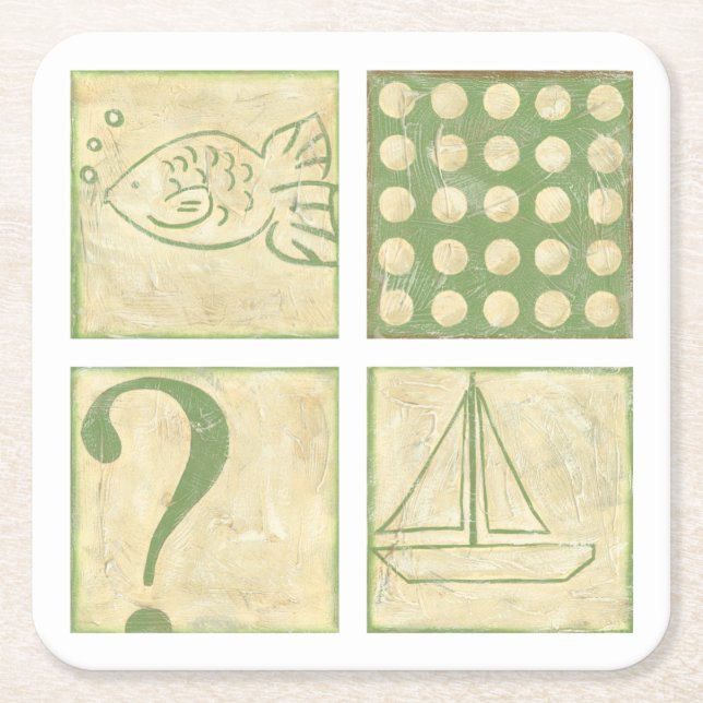 Fish Tale Woodblock Drawings by Chariklia Zarris Square Paper Coaster (Front)