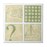 Fish Tale Woodblock Drawings by Chariklia Zarris Tile<br><div class="desc">A foursome of green woodblock drawings by Chariklia Zarris feature a fish,  a question mark,  a sailboat and some dots. A simple piece that many children will find enjoyable. Order a copy now!</div>