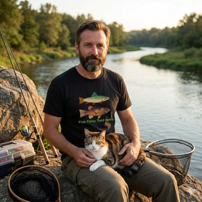 Fish Tales Told Here/Fisherman  T-Shirt (Medium weight soft and comfy Tee for guys that like to go fishing with their cat .  Great gift idea )