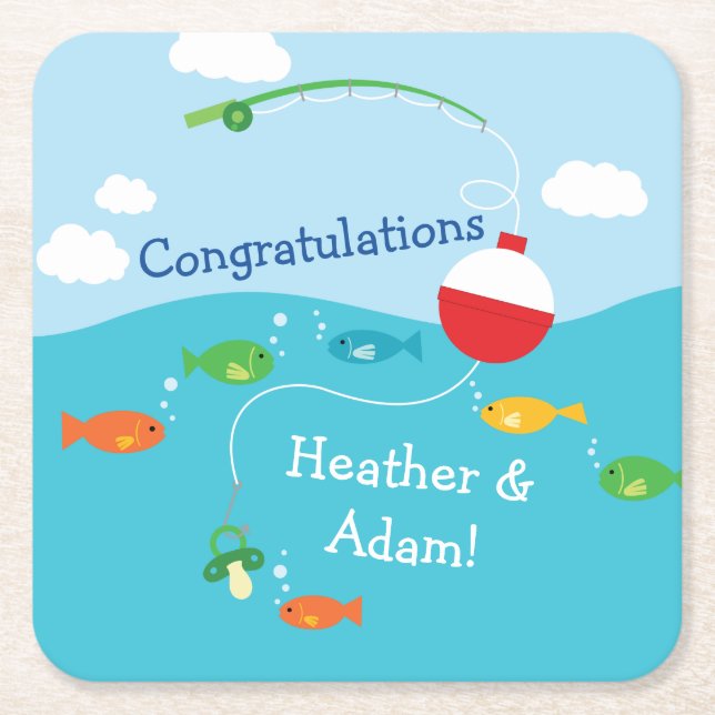 Fish Theme Fishing Baby Shower for Fishermen Square Paper Coaster (Front)