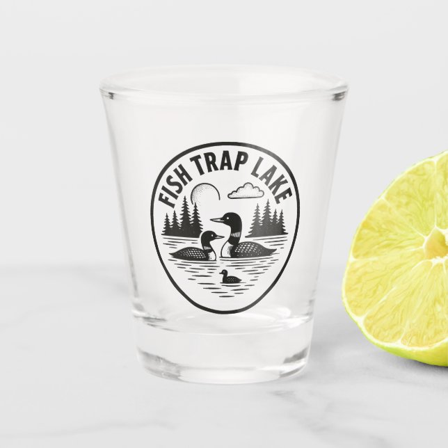 Fish Trap Lake Loon and Pine Tree Design Shot Glass (Front)