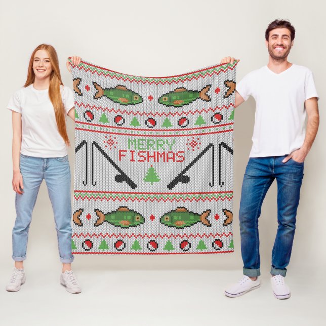 Fish Ugly Christmas Sweater Fleece Blanket (In Situ)