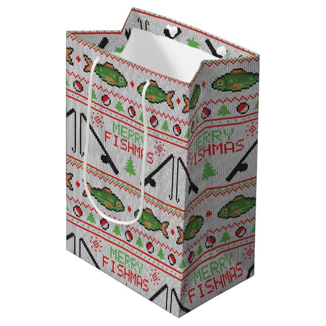Fish Ugly Christmas Sweater Medium Gift Bag (Front Angled)