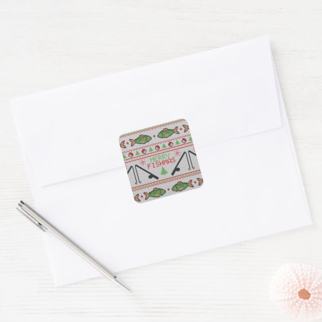 Fish Ugly Christmas Sweater Square Sticker (Envelope)