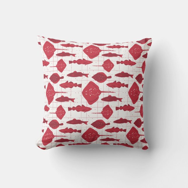 Fish Varieties Red and White Illustrated Cushion (Front)