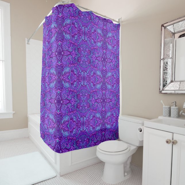 Fish Waves Underwater Bohemian Arabesque Pattern Shower Curtain (In Situ)