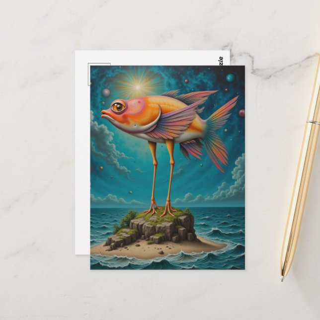 Fish With Bird Legs on Tiny Island Surreal Postcard (Front/Back In Situ)