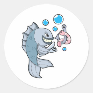 Fish with Fish hook & Worm Classic Round Sticker