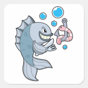 Fish with Fish hook & Worm Square Sticker