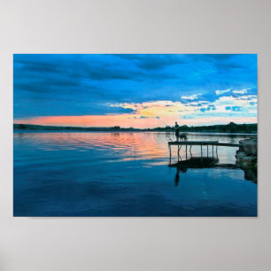 Fisherman and His Dog at Sunset Poster