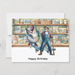 Fisherman at fishing shop happy birthday postcard