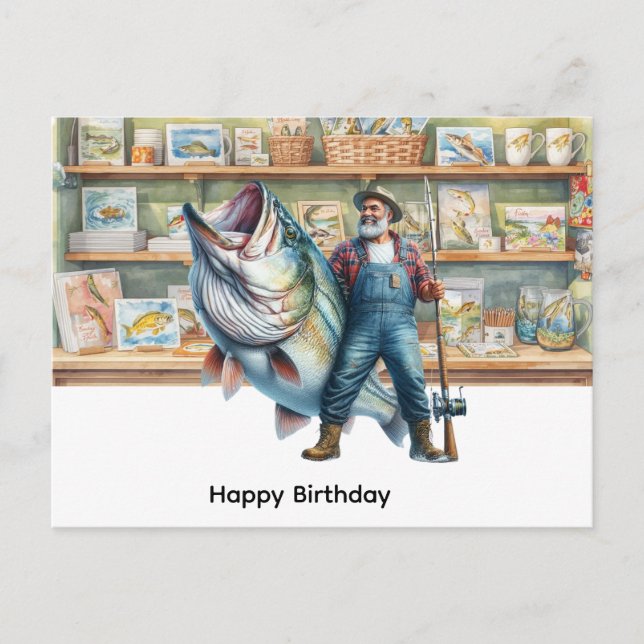 Fisherman at fishing shop happy birthday  postcard (Front)