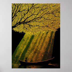 Fisherman at Night Under Giant Tree Canopy Poster
