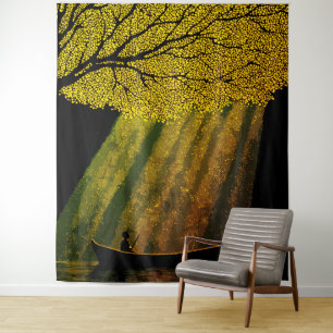 Fisherman at Night Under Giant Tree Canopy Tapestry