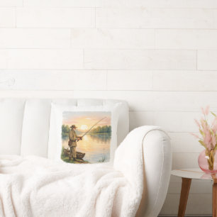 Fisherman at Sunset by Lake Vintage Art Gift Cushion