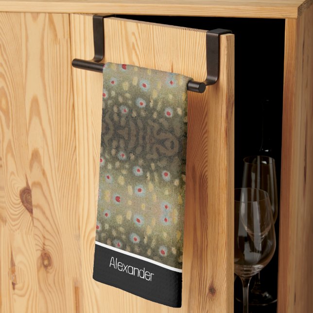 Fisherman Brook Trout Fish Olive Black White Rust Tea Towel (Thirds Fold)