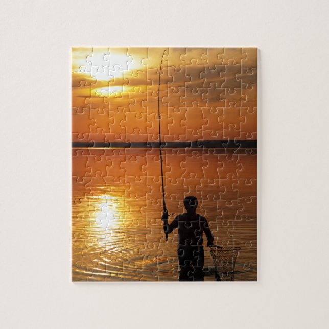 Fisherman catches fish by spinning jigsaw puzzle (Vertical)