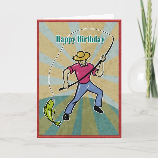 Fisherman catching fish with fishing rod vintage card (Front)