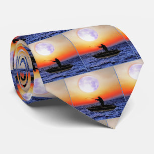 Fisherman Fishing Boat Sunset Water Tie