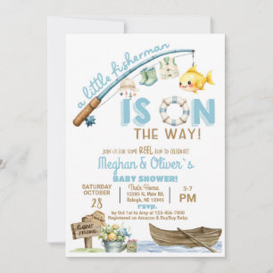 Fisherman / fishing boy reel fun baby shower. invitation