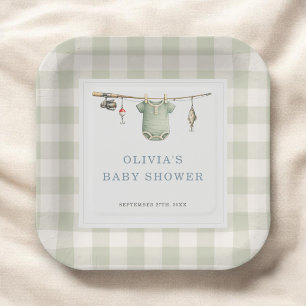 Fisherman Fishing Gingham Baby Shower Party Paper Plate