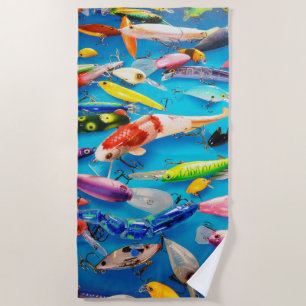 Fisherman Fishing Sports Lures Hooks on Blue Beach Towel